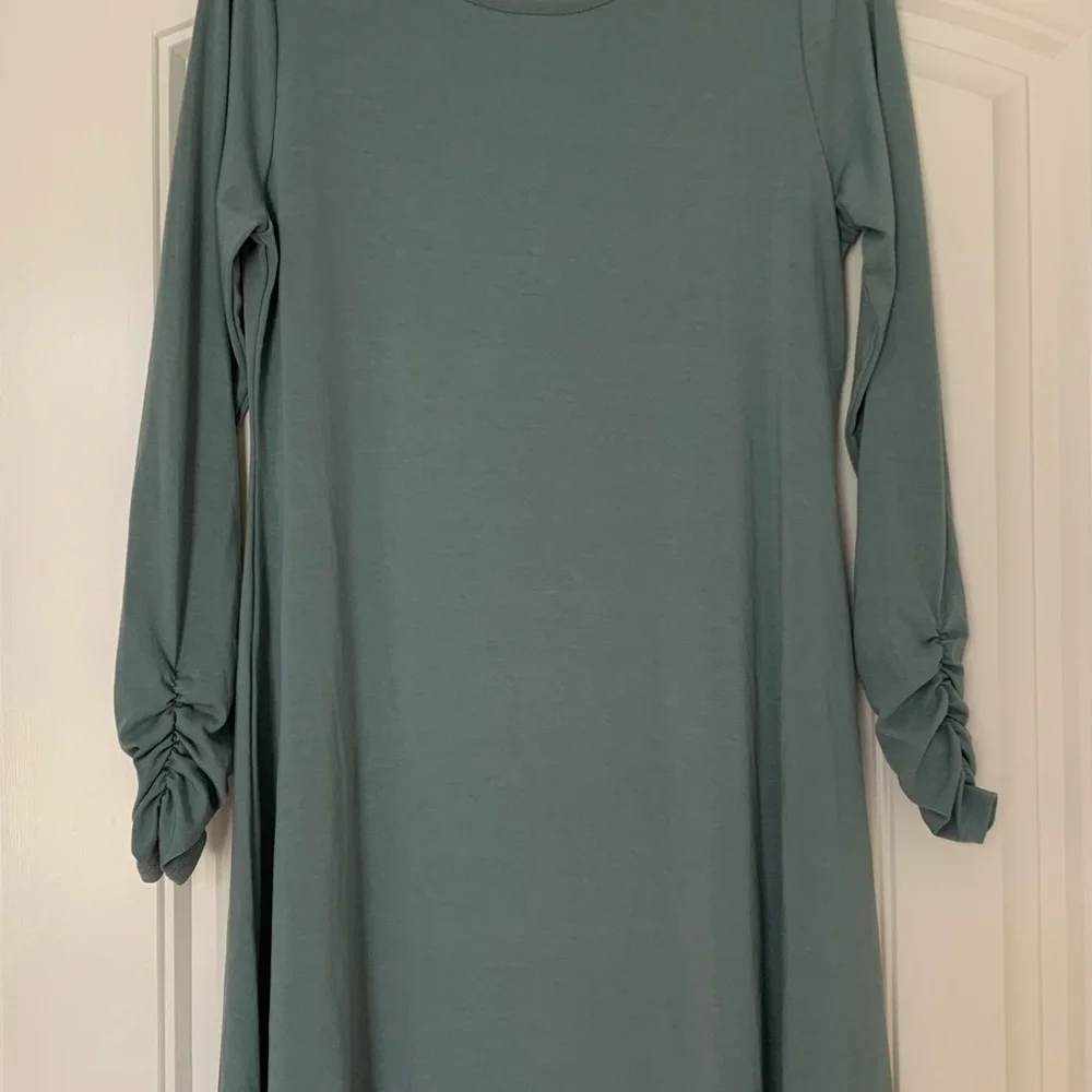 Sage Ruched Sleeve Maternity Swing Dress - Picture 2 of 5